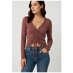 Love Tree Boho Ruched V-Neck Long Sleeve Knit Top Mauve Pink Size S/M Relaxed